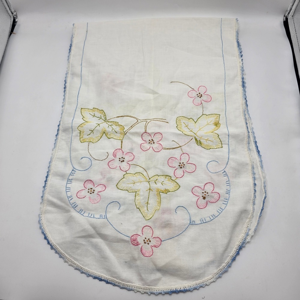 Cottagecore Dresser Scarf White Pink Floral Hand Embroidered Vintage Runner